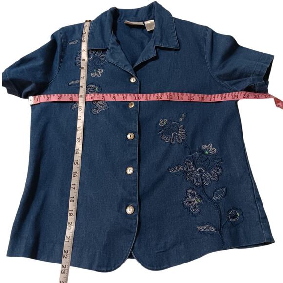 VINTAGE ALFRED DUNNER Stretch Denim Jean Top Shirt Blouse‎ 8 Floral Embroidery - Picture 4 of 9